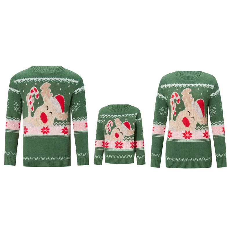 Reindeer Family Christmas Sweaters in Red or Green, Matching Mom Dad and Kids Long Sleeve Crewneck Pullovers for Holiday Photos and Parties