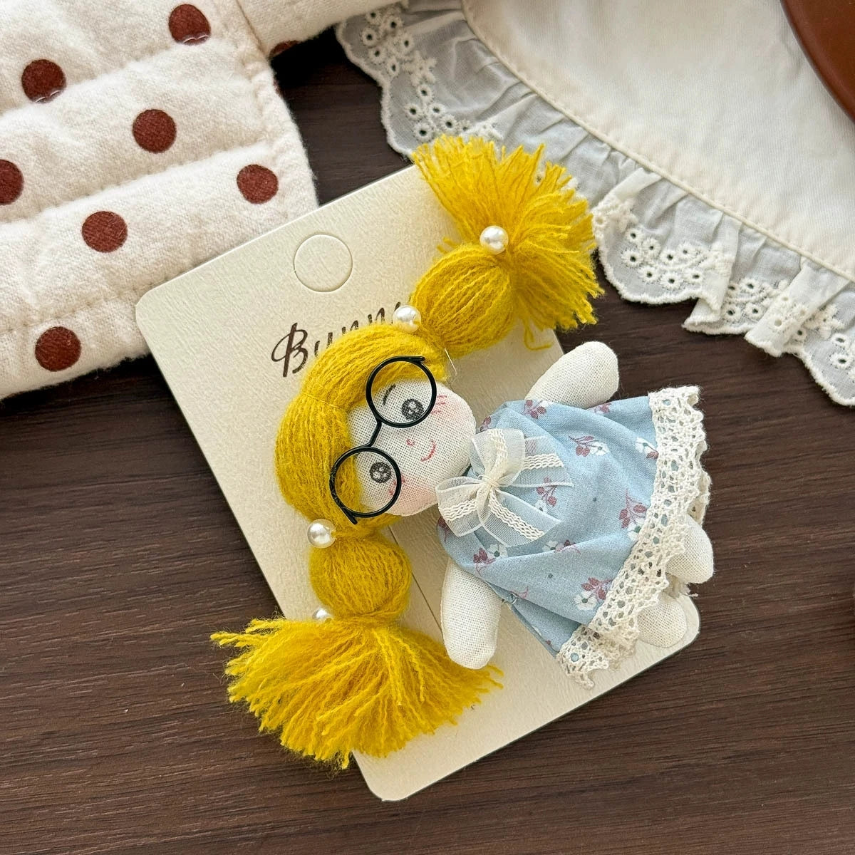 Doll Hair Accessories for Girls, Handmade Cotton Character Hair Clip or Elastic Hair Tie with Floral Dress and Colorful Pigtail Details
