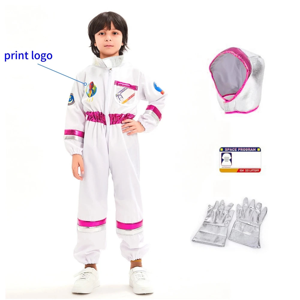 Space Explorer Costume for Kids with White Astronaut Jumpsuit, Space-Themed Patches and Metallic Trim Options for Halloween and Birthday Parties