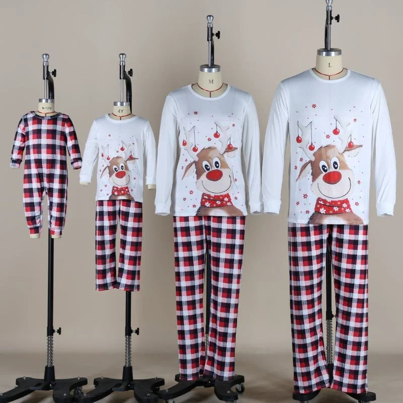 Reindeer Family Matching Pajamas with White Long Sleeve Tops and Red Black Plaid Pants, Christmas Outfits for Mom, Dad, Kids and Baby Size Options