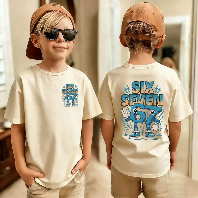 Six Seven Kids T-Shirt with Funny 67 Number Graphic, Short Sleeve Summer Top for Boys and Girls, Casual Playdate Outfits and Birthday Fan Gifts