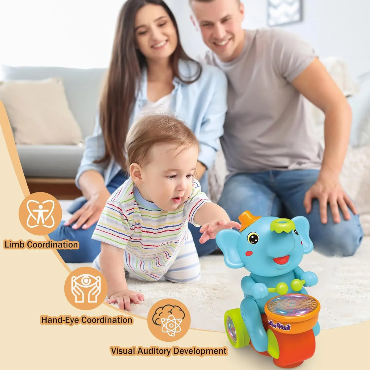 Musical Elephant Crawling Toy with Walking Action, Floating Ball, LED Lights and Drum Sounds for Supervised Baby Floor Play and Gifts
