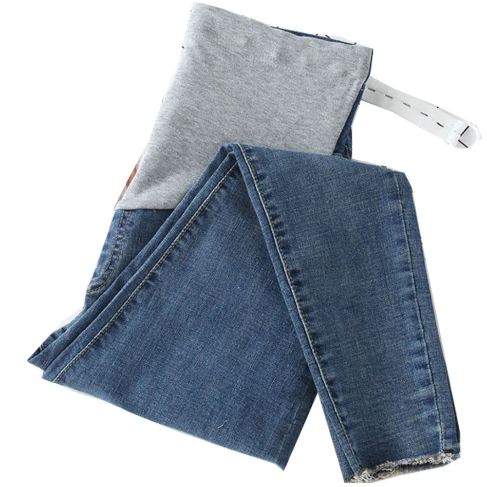 Maternity Denim Jeans with Over-Belly Panel, Blue Pregnancy Pants with Frayed Hem Styling, M-2XL Options for Everyday Casual Outfits