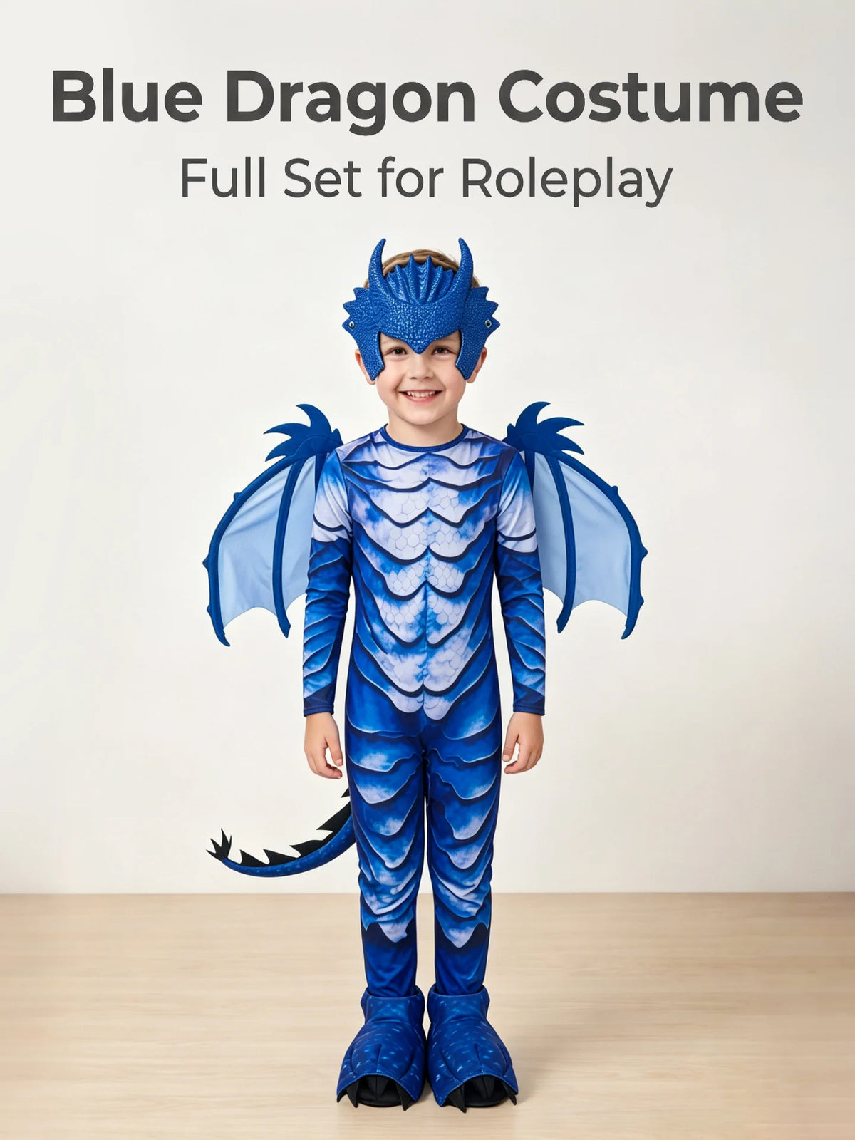 Blue Dragon Costume for Kids with Scale Print Jumpsuit, Wings, Padded Tail and Horned Mask for Halloween, Carnival and Fantasy Dress-Up