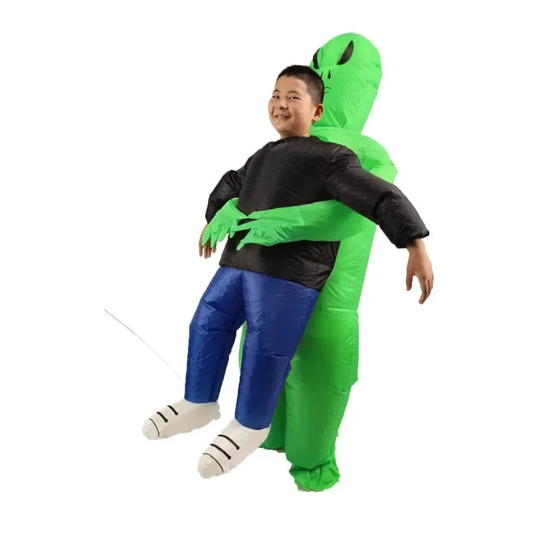 Carry-Me Alien Inflatable Costume for Kids and Adults, Green Abduction Illusion Suit with Fan and Battery Case for Halloween Parties and Stage Shows