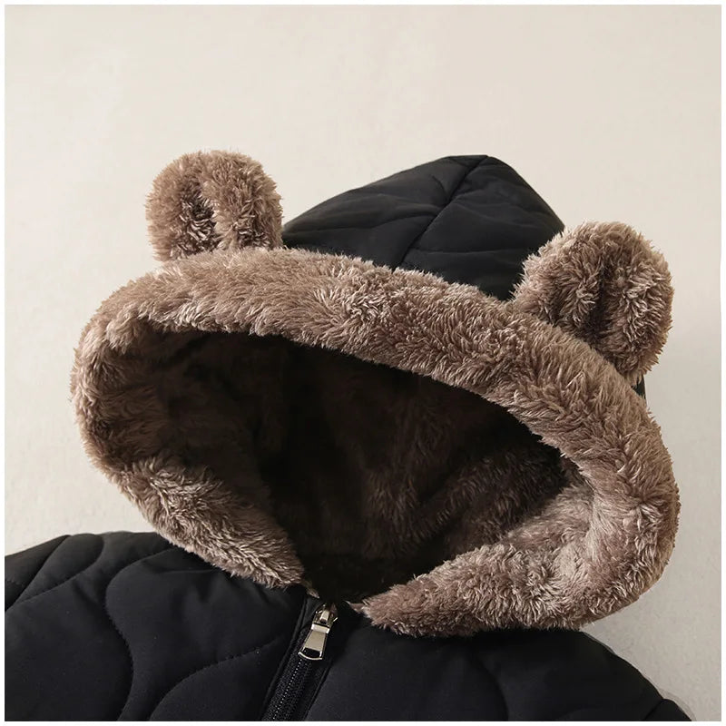 Baby Quilted Hooded Jumpsuit with Bear Ears, Plush-Look Hood Trim and Front Zipper, Long Sleeve Winter One-Piece Clothing for Infants and Toddlers