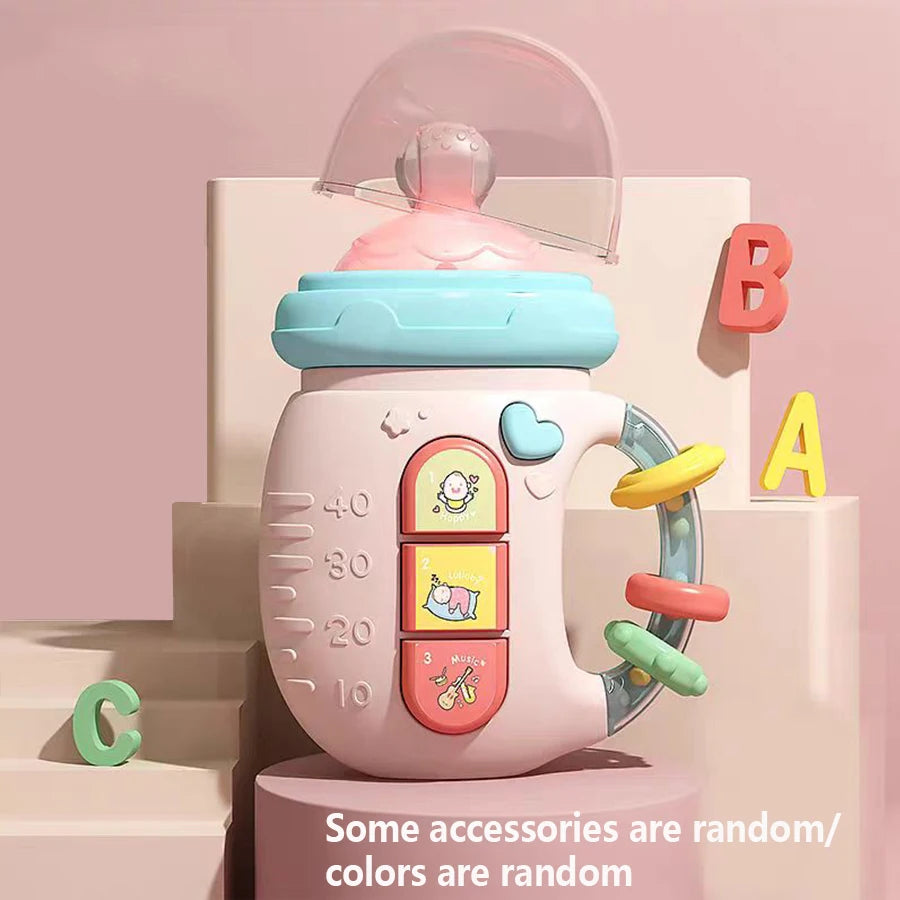 Bottle-Shaped Musical Baby Rattle with Light-Up Top, Three Picture Buttons and Colorful Handle Rings for Supervised Sensory Play and Gifts