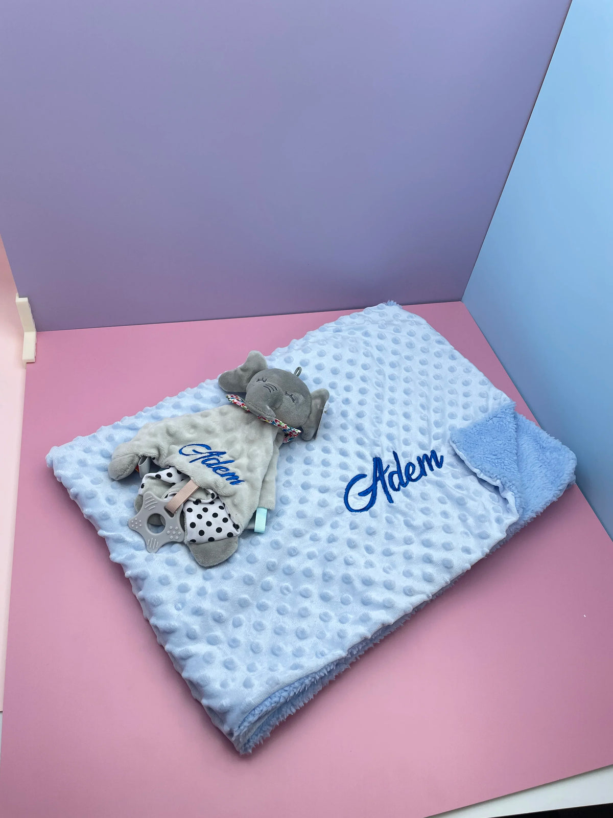 Embroidered Name Baby Blanket and Animal Comforter Options, Personalized Minky Bubble-Texture Keepsake with Single-Item and Two-Piece Gift Choices