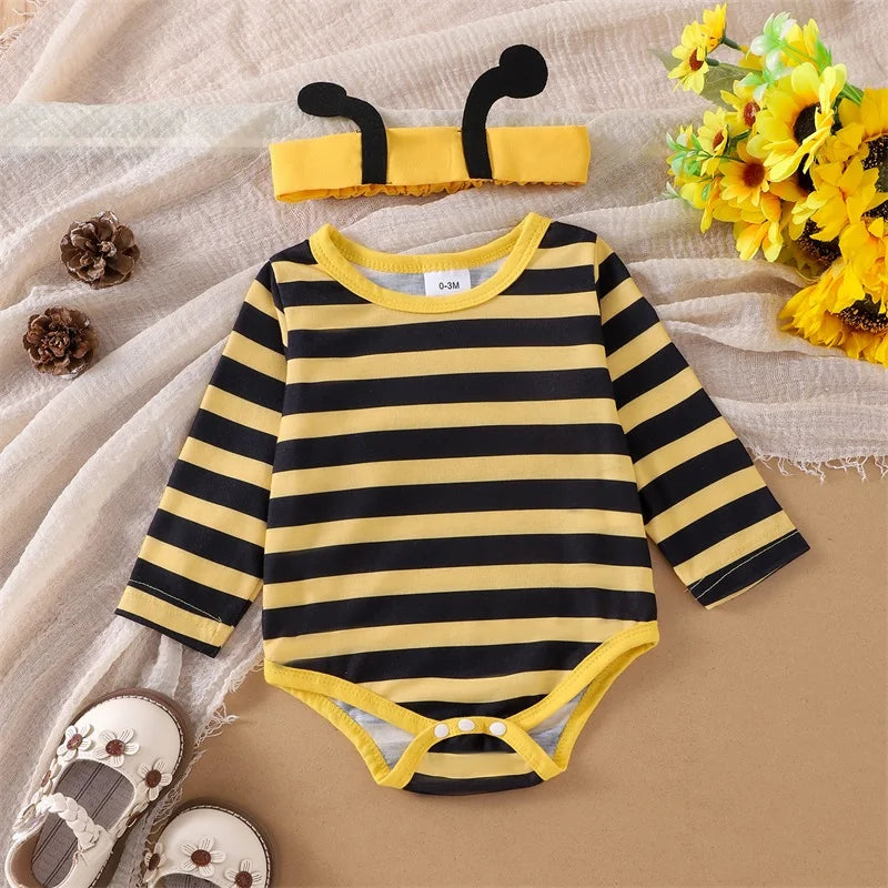 Baby Girl Halloween Bee Outfit 3-Piece Romper and Suspender Dress Set with Headband, Long Sleeve Fall Costume for Infants 0 to 18 Months