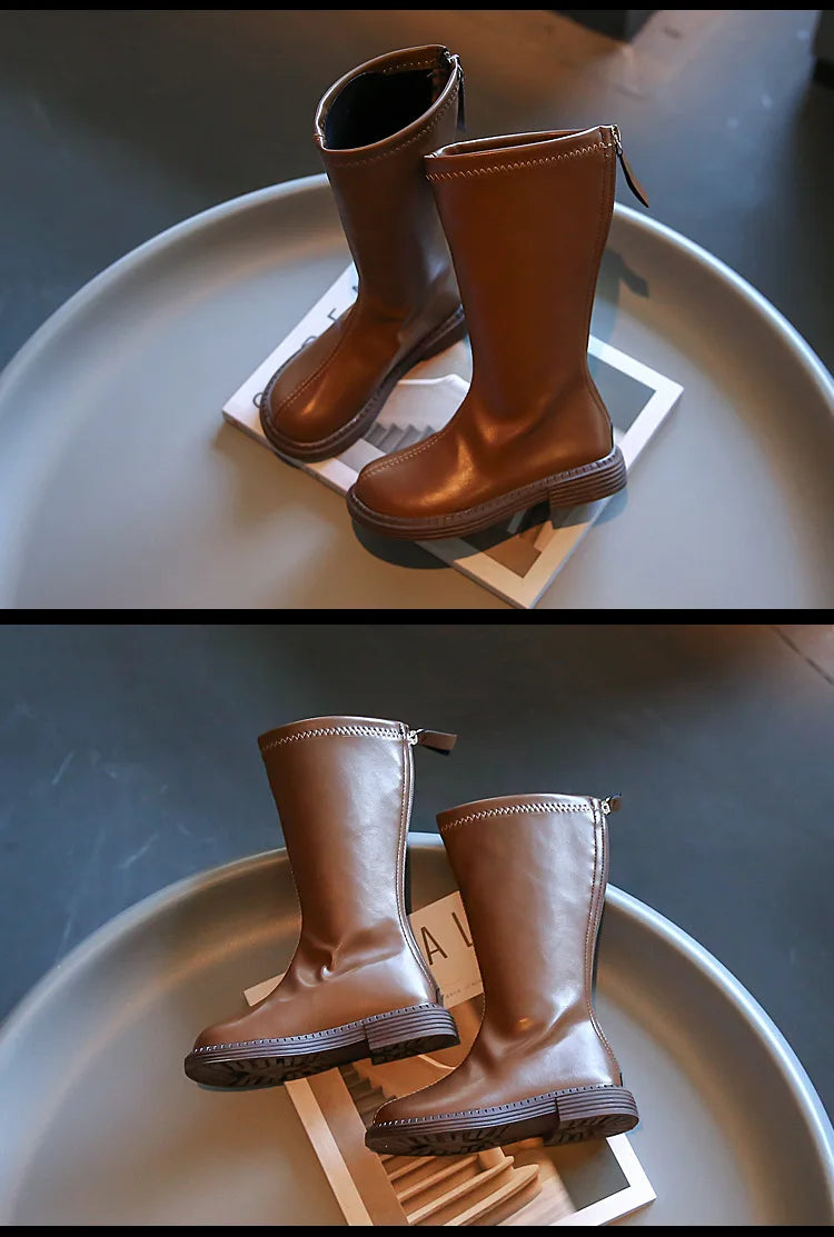 Back-Zip Girls Tall Boots in PU with Round Toes and Minimalist Styling, Khaki, Beige or Black Fashion Shoes for Spring and Autumn, Sizes 26-36
