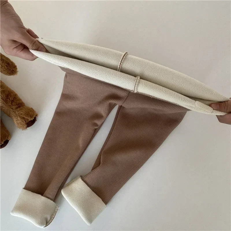 Ribbed Toddler Fleece Lined Pants with Bear Patch, Elastic Waist Pull-On Winter Trousers for Boys and Girls, Listed Sizes 12M to 6T