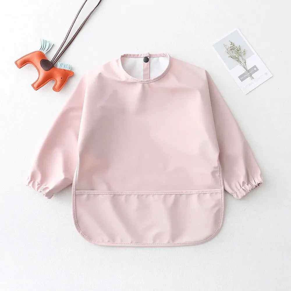 Long Sleeve Feeding Bib for Babies and Toddlers, Solid Color Polyester Mealtime Apron with Front Pocket for Snacks and Messy Art Play