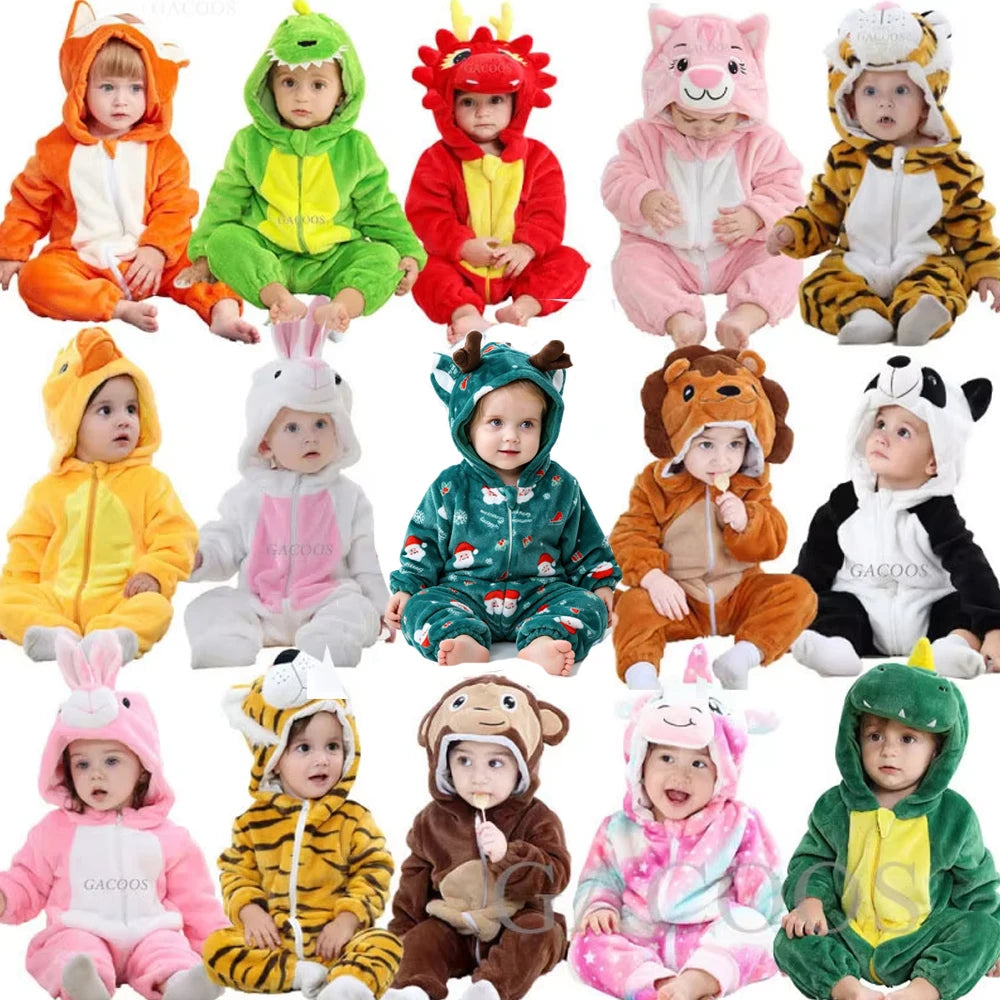 Animal Kigurumi Costume for Babies and Toddlers, Hooded Flannel Jumpsuit with Long Sleeves for Halloween Dress-Up and Family Photos