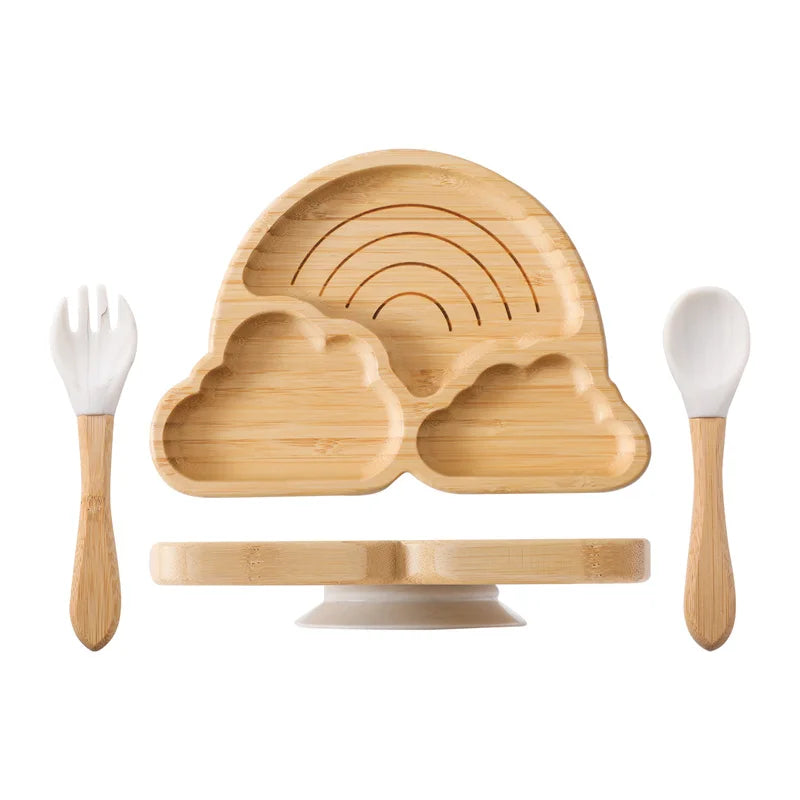 Bamboo Baby Suction Bowl and Tableware Options, Sun, Cloud and Dinosaur Designs with Single-Piece or 3-Piece Wooden-Handle Utensil Sets