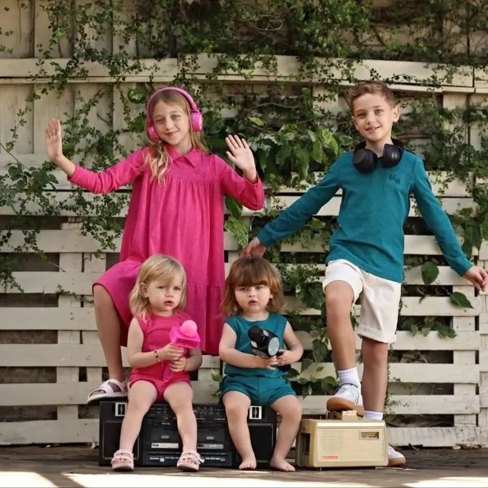 Rose Pink and Blue Kids Coordinated Outfits, Girls Dress, Boys Tops and Baby Set or Footie Options for Sibling Photos and Family Visits