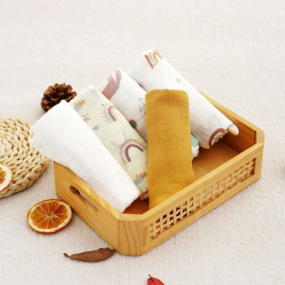 Bamboo Cotton Muslin Blanket Set, 5-Pack 60 x 60 cm Baby Cloths for Burping, Everyday Feeding Cleanup and Baby Shower Gifts by Kangobaby