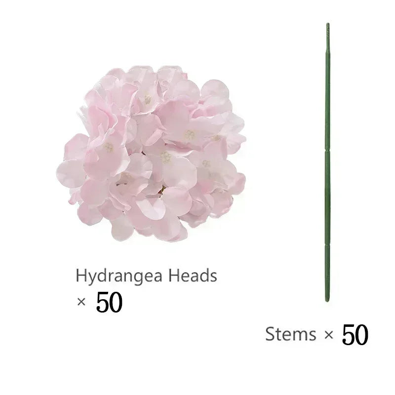 Artificial Hydrangea Flower Heads, 50-Piece Silk-Fabric Floral Set with Stem or Leaf Options for DIY Wedding Centerpieces, Baby Showers and Home Decor