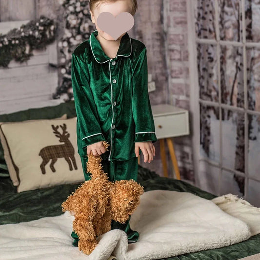 Velvet Family Christmas Pajamas with Button-Front and Ruffle-Trim Sets, Red Green or Navy Holiday Outfits and Dresses for Babies, Kids and Adults
