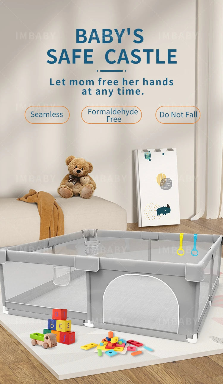 Baby Playpen with Pull Rings by IMBABY, Light Gray Mesh Activity Fence with Zippered Door and Multiple Size Options for Supervised Play