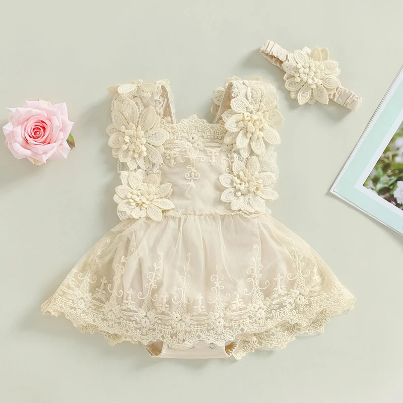 Floral Lace Baby Romper Dress with Matching Headband, Raised Flower Bodice and Sleeveless Square Neck for Parties and Milestone Photos, 0-18 Months