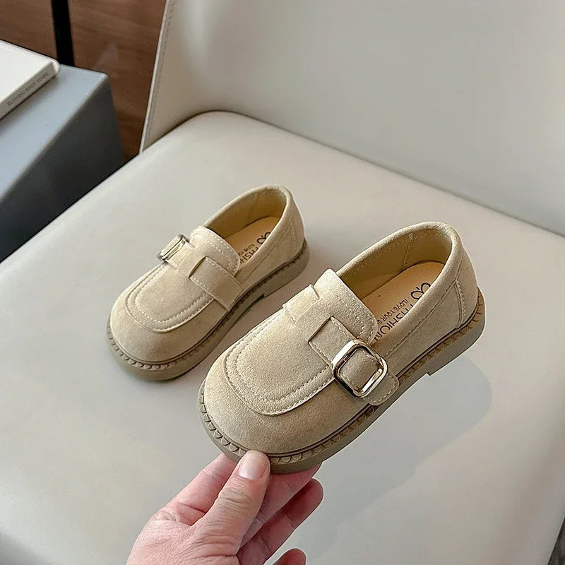 Girls Buckle Loafers with Rounded Toe and Stitched Detail, Brown or Khaki Casual Flats for School Outfits, Spring and Fall Days
