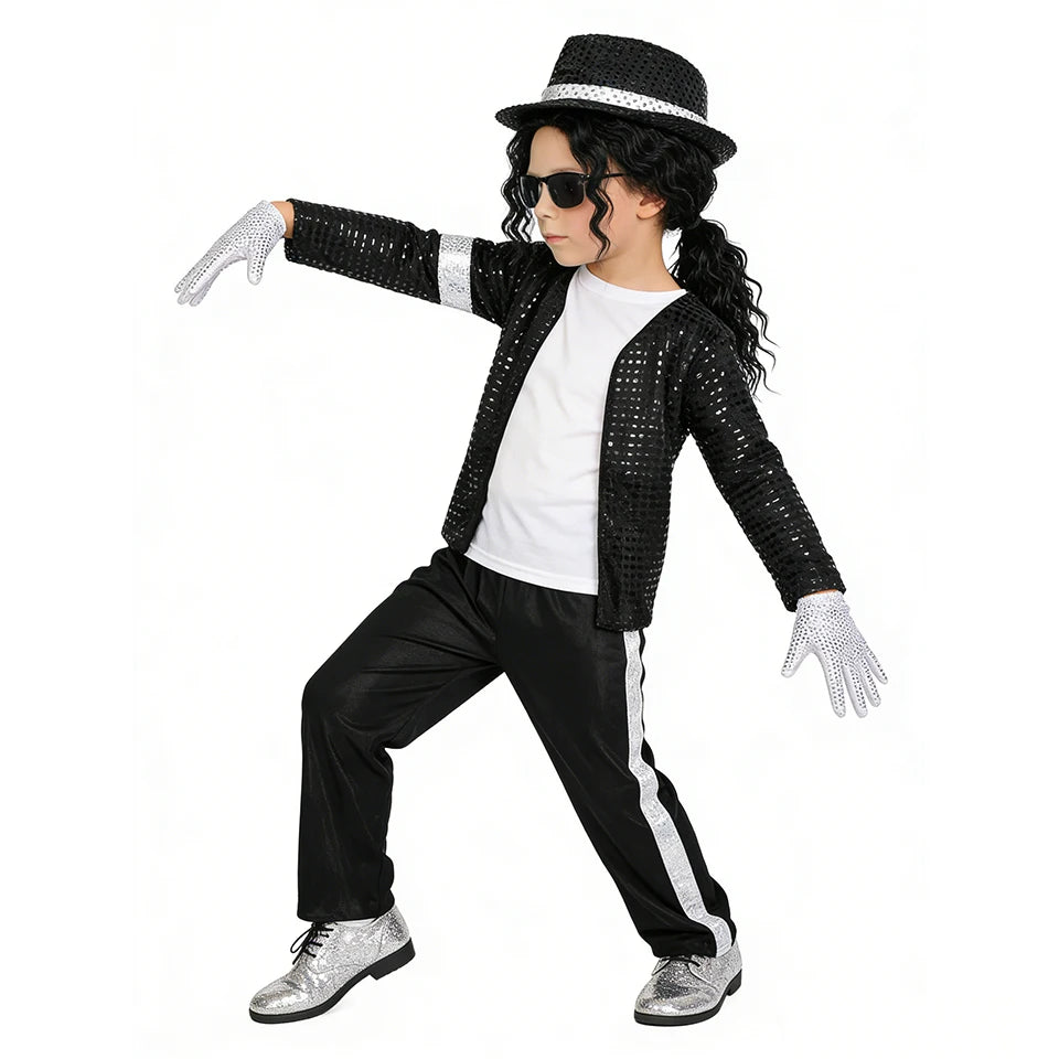 Kids Pop Star Costume with Black Sequin Jacket and Pants Set Options, Retro Dance Performance Outfit for Halloween and Parties, Sizes S-XL
