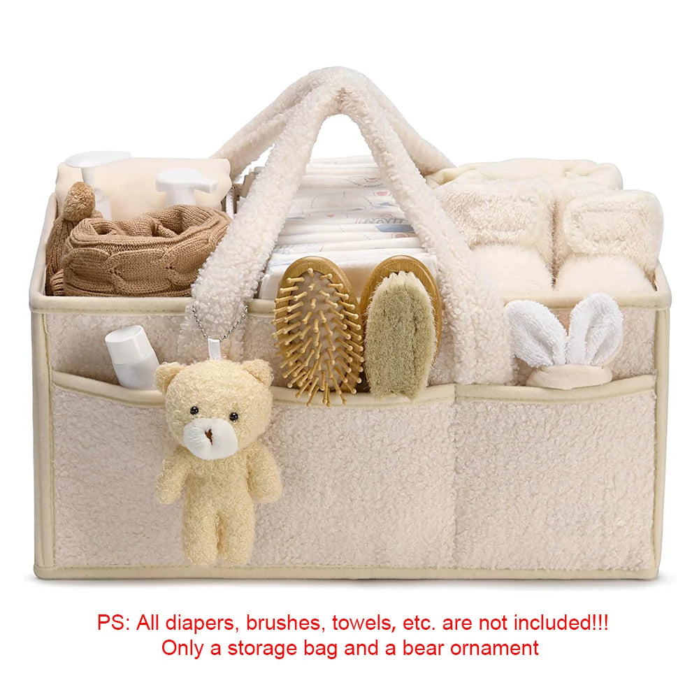 Plush Diaper Caddy with Carry Handles, Divided Compartments and Outer Pockets, Teddy Bear Nursery Organizer for Diapers and Baby Essentials