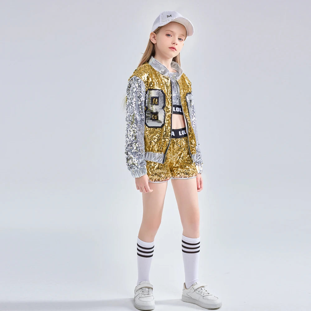 Girls Sequin Hip Hop Dance Costume Set with Metallic Trim Jacket, Crop Top, Shorts and Striped Socks for Jazz Recitals and Stage Performances