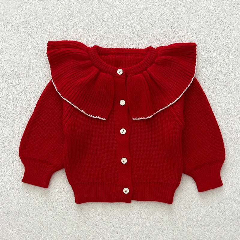Contrast-Trim Ruffle Collar Baby Girl Cardigan Styles with Button Front and Long Sleeves, Infant and Toddler Knit Sweater Options in Sizes 3M-3T