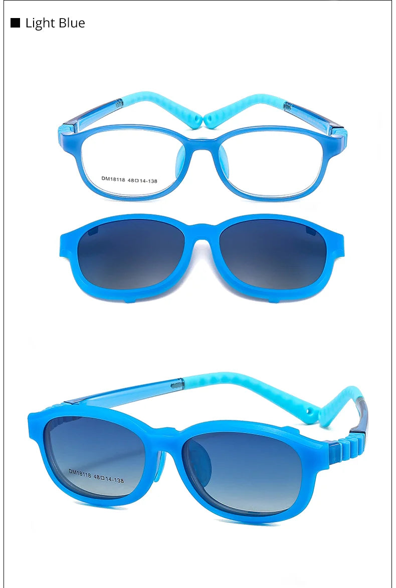Children's 2-in-1 Sunglasses with Flexible Eyeglass Frame and Removable Sun Clip, Colorful Kids Shades for Summer Outings and Family Travel