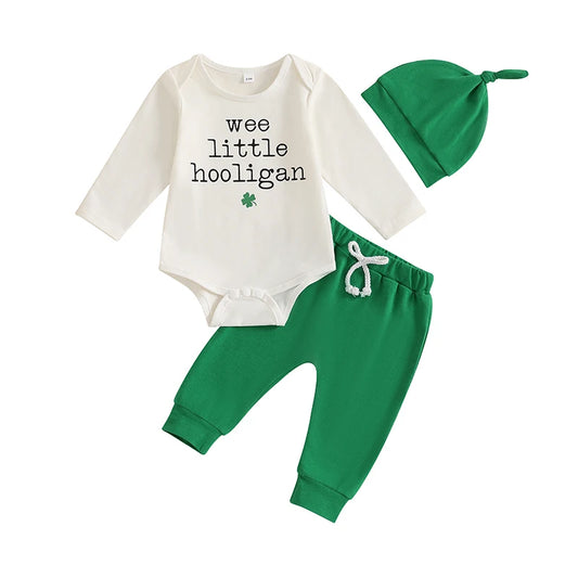 St. Patrick's Day Baby Boy Outfit Set, Wee Little Hooligan Shamrock Long Sleeve Bodysuit with Green Pants and Hat, Cotton Blend, 0-18 Months