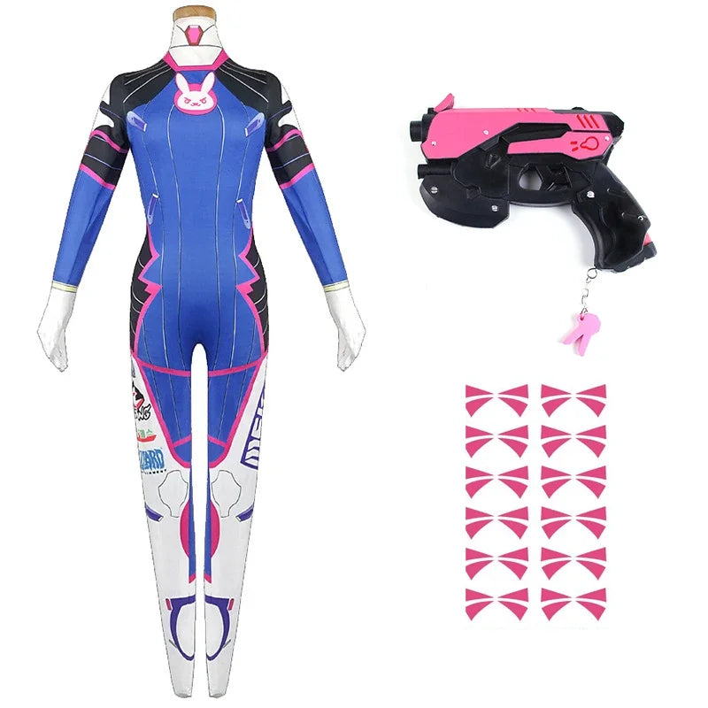 D.va Cosplay Costume and Accessory Options for Women, Blue Character Jumpsuit, Wig, Headset and Prop Selections for Halloween and Conventions