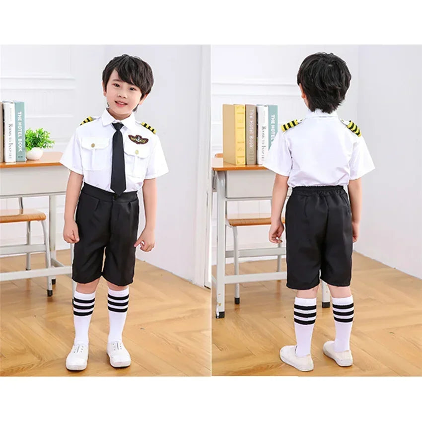 Kids Pilot Costume for Boys and Girls, Airline Captain Uniform-Style Outfit with Short Sleeve Shirt Styling for Career Day and Halloween