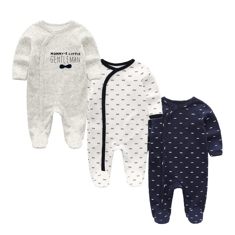 Baby Footed Jumpsuits 3-Pack, 100% Cotton Long Sleeve Cartoon Rompers for Newborn Boys and Girls, Fall and Winter Everyday Outfits
