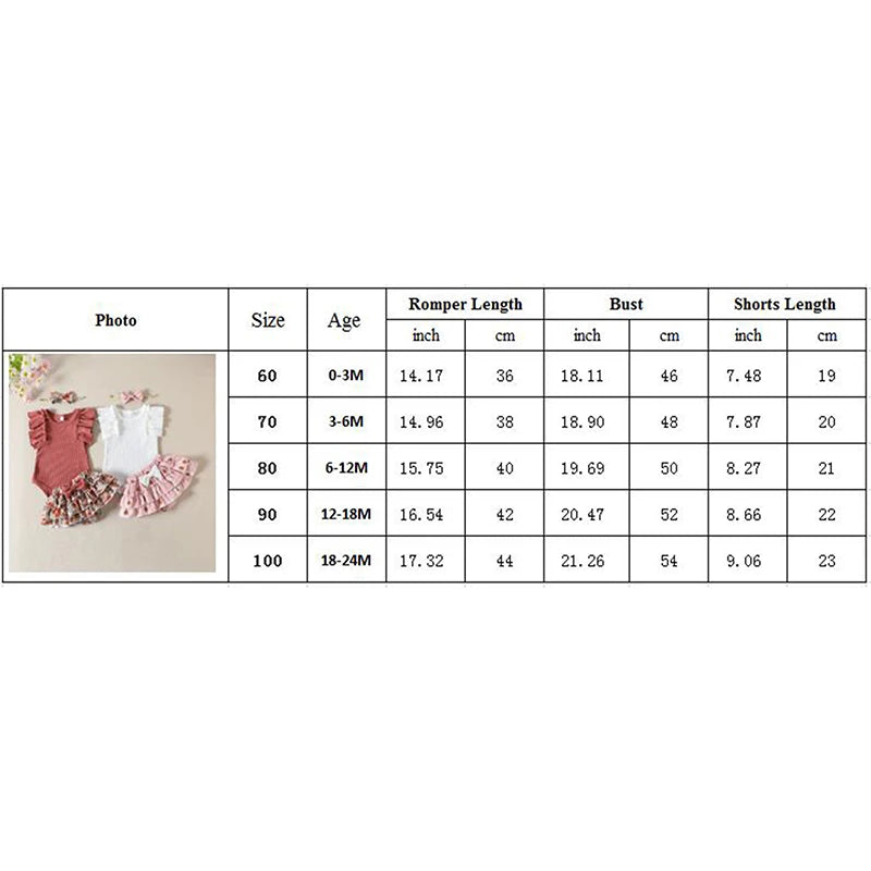 Infant Girls Summer Clothing Set with Ruffle Sleeve Ribbed Romper, Floral Bow Shorts and Matching Headband, 3-Piece Outfit for 0-24 Months