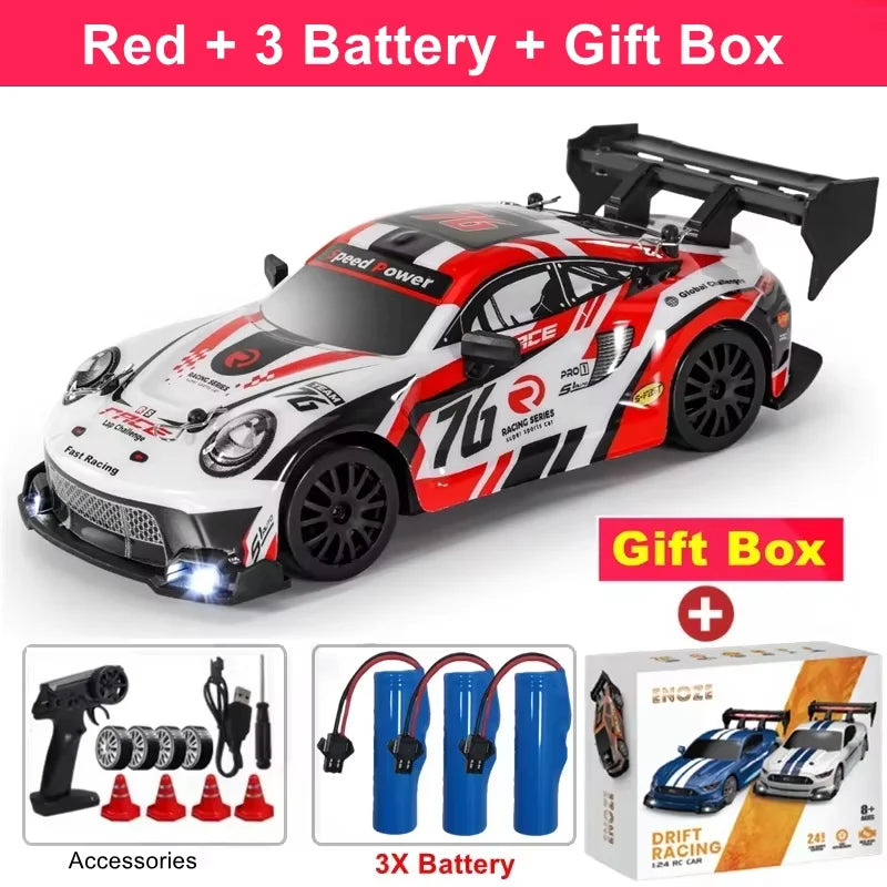 RC Drift Racing Car with 4WD, 2.4GHz Proportional Remote Control, LED Lights and Replaceable Racing and Drift Tires for Kids and Adults