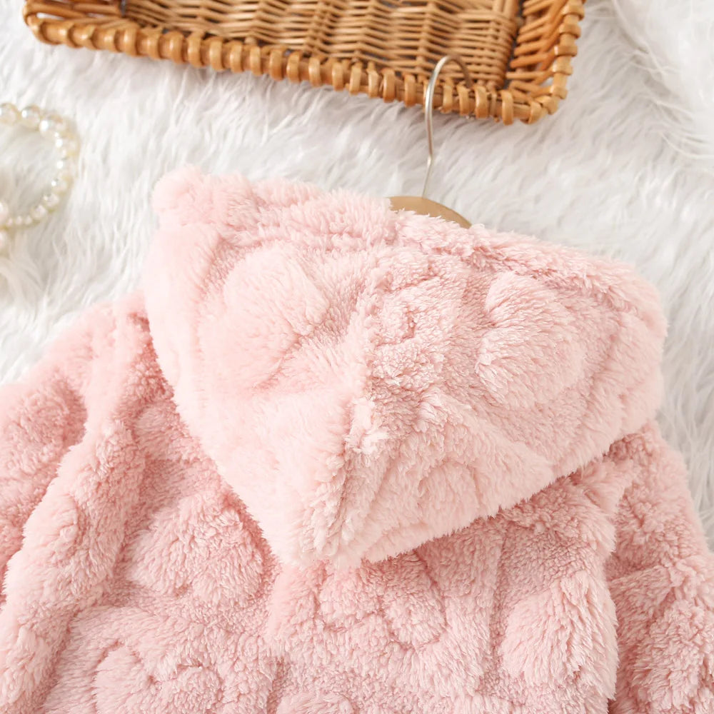 Baby Girl Fleece Zip-Up Jacket with Hood, Pink Heart or Bear Style Toddler Outerwear for Spring and Fall, Sizes 6-9M through 2-3Y