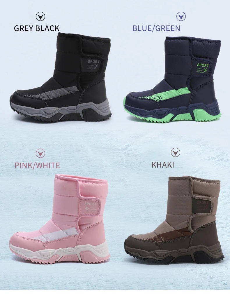 High-Top Kids Snow Boots with Hook-and-Loop Side Straps, Padded Shafts and Chunky Tread Soles for Winter Outings, Chinese Sizes 31-42