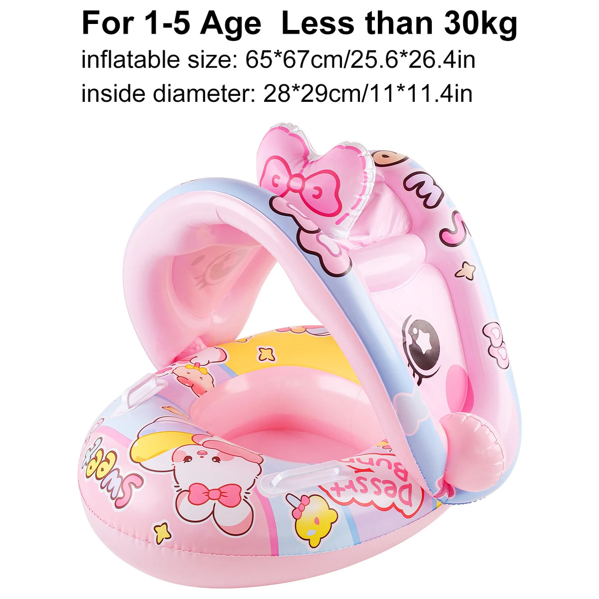 Rabbit-Style Inflatable Pool Float with Canopy and Seated Ring Design, Kids Water-Play Accessory for Closely Supervised Pool Time
