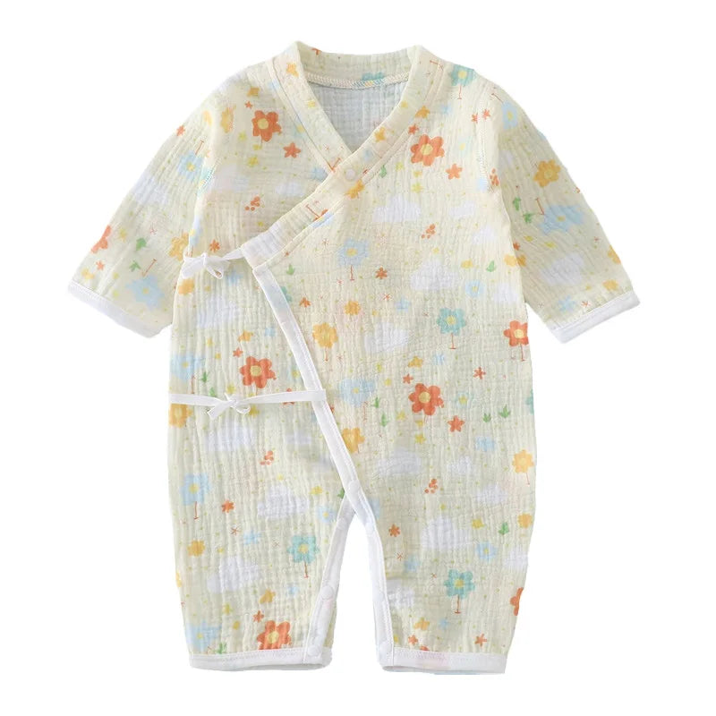 Muslin Cotton Baby Kimono Romper with Side Ties and Leg Snaps, Long Sleeve Printed Footless Jumpsuit for Boys and Girls, 0-24 Months