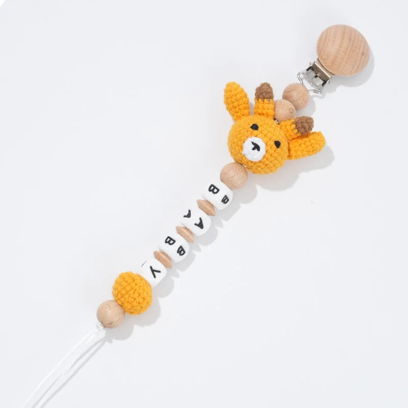 Custom Name Pacifier Clip with Crochet Animal Detail, Beech Wood Holder and Letter Beads, Personalized Baby Shower Gift for Everyday Outings