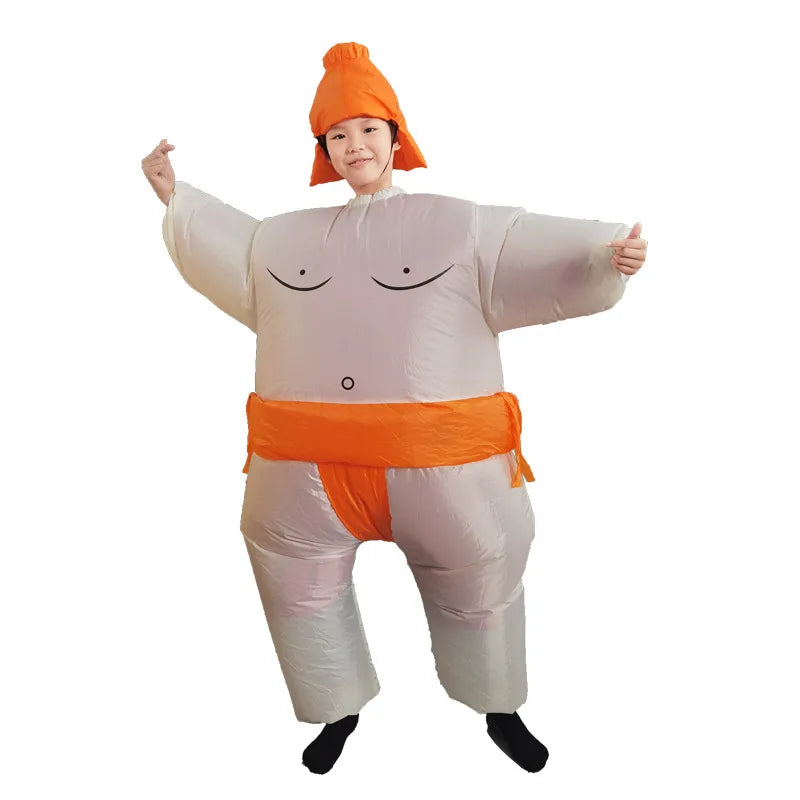 Inflatable Sumo Costume for Kids and Adults, Oversized Wrestler-Style Blow-Up Suit with Colorful Belt Design for Halloween and Cosplay Parties