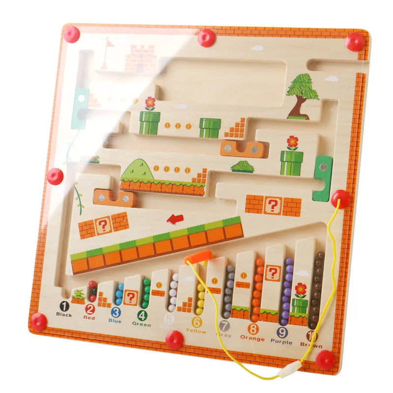 Magnetic Color Sorting Maze Board, Wooden Bead Puzzle with Tethered Wand for Montessori-Inspired Color Matching, Counting and Route Planning