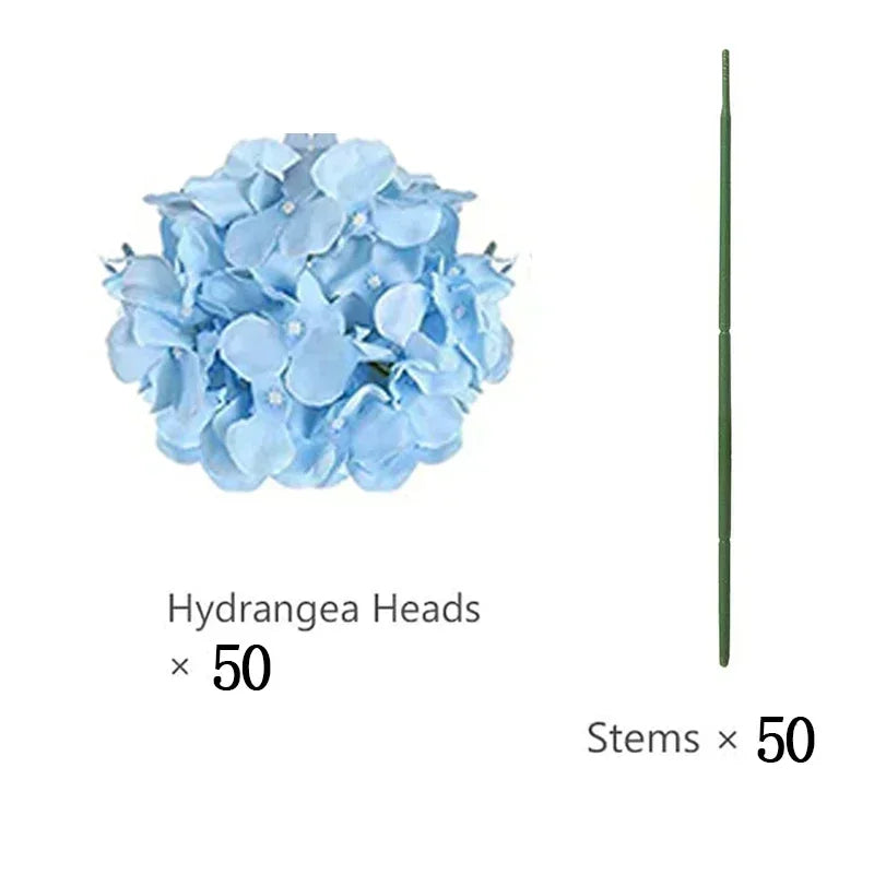 Artificial Hydrangea Flower Heads, 50-Piece Silk-Fabric Floral Set with Stem or Leaf Options for DIY Wedding Centerpieces, Baby Showers and Home Decor