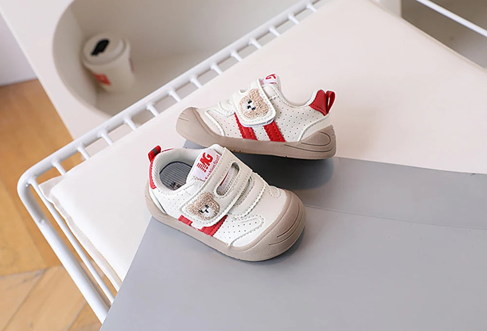 Toddler Bear Sneakers with Hook-and-Loop Strap, Perforated Upper and Striped Sides, Baby Boys and Girls Casual Shoes in Black Gold or Red, Sizes 16-25