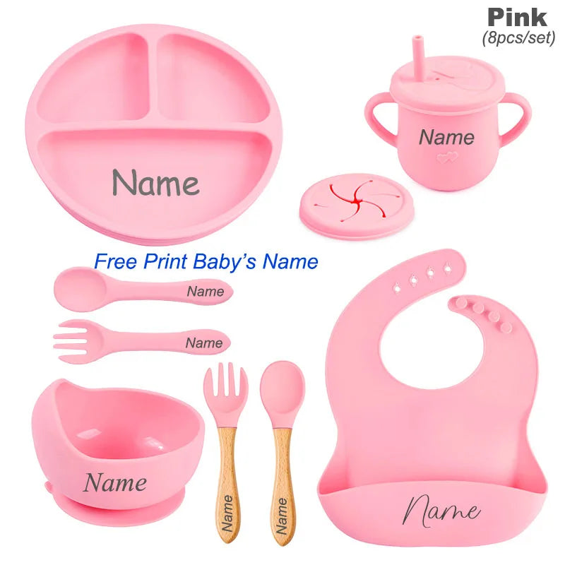 Personalized Silicone Baby Tableware Set, 8-Piece Collection with Divided Plate, Suction Bowl, Pocket Bib, Straw Cup and Two Utensil Pairs