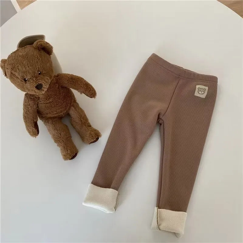Fleece Lined Leggings for Toddler Girls with Bear Patch, Slim Fit Polyester Pants in Four Neutral Colors, Sizes 12M and 2T–6T for Fall Layering