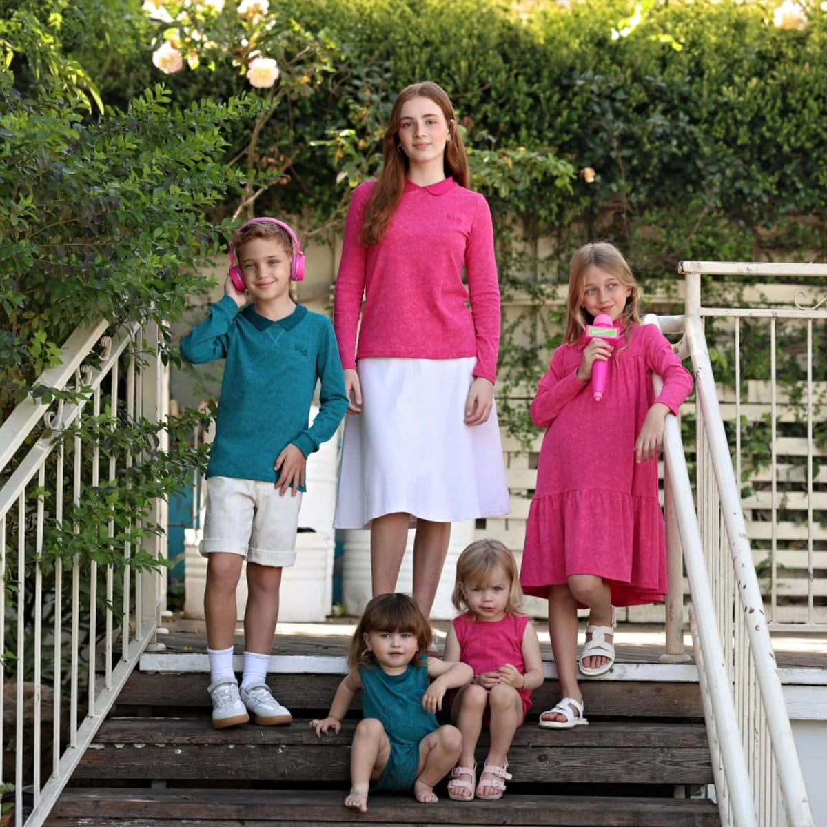 Rose Pink and Blue Kids Coordinated Outfits, Girls Dress, Boys Tops and Baby Set or Footie Options for Sibling Photos and Family Visits