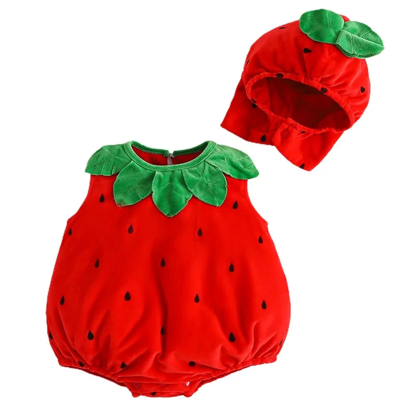 Baby Strawberry Costume with Hat, Red Fruit Romper with Green Leaf Trim for Infant Halloween Dress-Up, Berry-Themed Parties and Photo Sessions