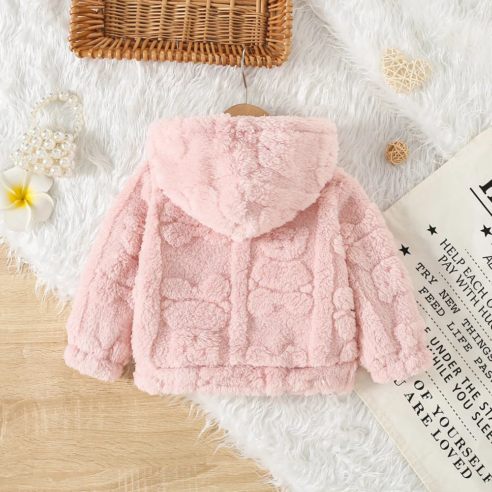 Baby Girl Fleece Zip-Up Jacket with Hood, Pink Heart or Bear Style Toddler Outerwear for Spring and Fall, Sizes 6-9M through 2-3Y